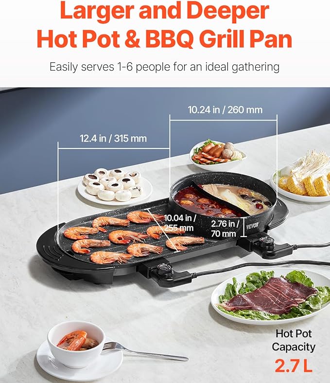 VEVOR Hot Pot with Grill, 2200W 2-in-1 Electric Smokeless Grill and Hot Pot, Korean BBQ Shabu Shabu Hotpot with Separate Dual Temperature Control, Non-stick Pan, for 1-6 People Family Dinning