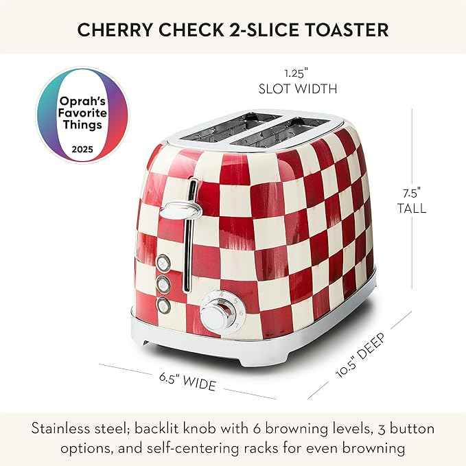 MACKENZIE-CHILDS 2-Slice Toaster, Decorative Toaster for Kitchen, Red-and-White Cherry Check