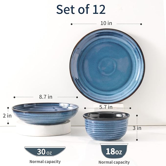 Hasense Ceramic Plates and Bowls Dishes Set, 12 Pieces Handmade Reactive Glaze Dinnerware Set of 4 (Plates, Pasta bowls, Cereal Bowls), Chip and Scratch Resistant Dinner Dishes Service, Blue
