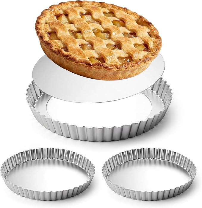 Hushee 2 Pack 9 Inch Tart Pan with Removable Bottom Non-Stick Carbon Steel Quiche Pan for Oven Baking Molds for Pies Quiches Fruit Tart Cake with Fluted Edges, Silver (1 Inch Deep)