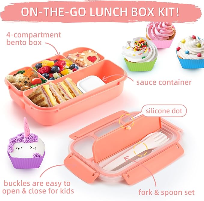 QQKO Bento Box Adult Lunch Box, Lunch Containers for Adults Men Women, Kids Lunch Boxes for School with 4 Compartments, Sauce Container, Utensils and Muffin Cups, Pink