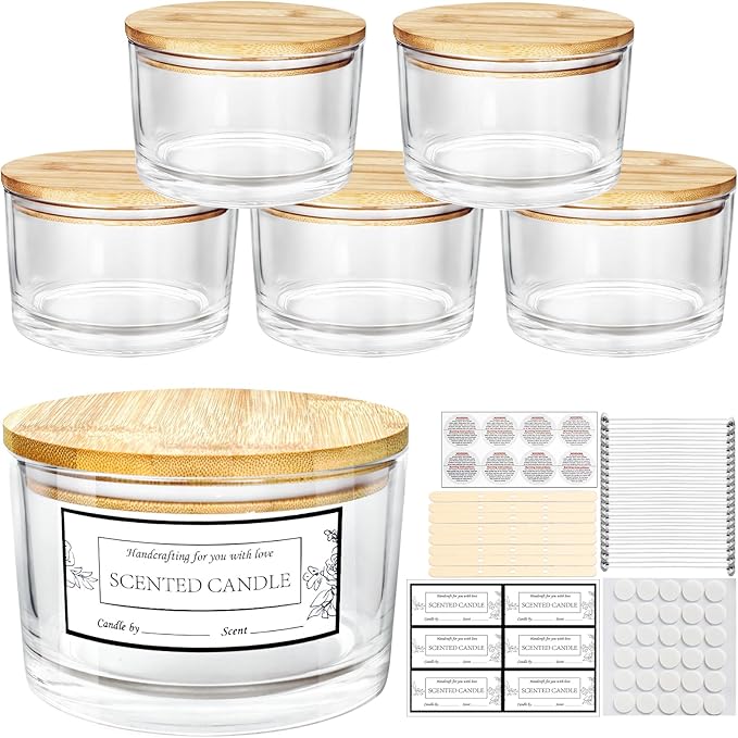 CONNOO 24oz Clear Glass Candle Jars 6 Pack, Multi-Wick Wide Mouth Empty Bulk Candle Containers for Making Candles with Airtight Bamboo Lids, Sticky Warning Labels, Wick kit- Dishwasher Safe