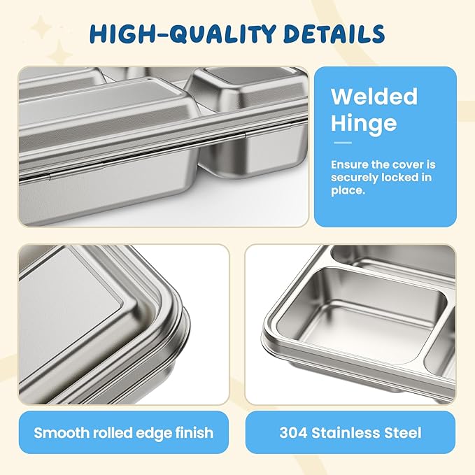 Stainless Steel Bento Box, 4-Compartment Metal Lunch Box with Removable Silicone, Lunch Container for Kids & Adults with Silicone Inner Container, School, Office, Dishwasher Safe(Blue)