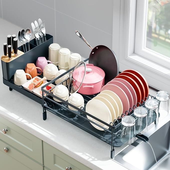 Urackify Large Dish Drying Rack, Expandable Dish Racks for Kitchen Counter, Multifunctional Dish Drainer with Utensil Holder & Cup Holder, 18.5"-26.7" L x 12.7" W, Dark Slate Gray