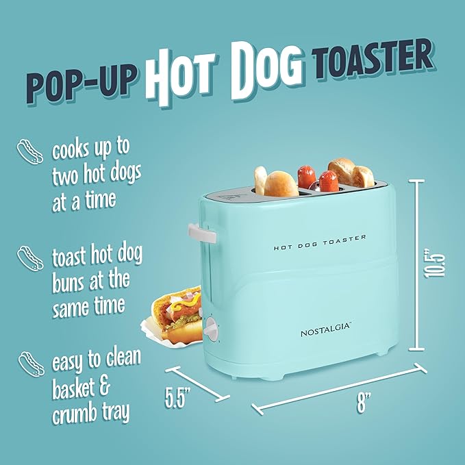 Nostalgia Pop-Up 2 Hot Dog and Bun Toaster With Mini Tongs, Works with Chicken, Turkey, Veggie Links, Sausages and Brats