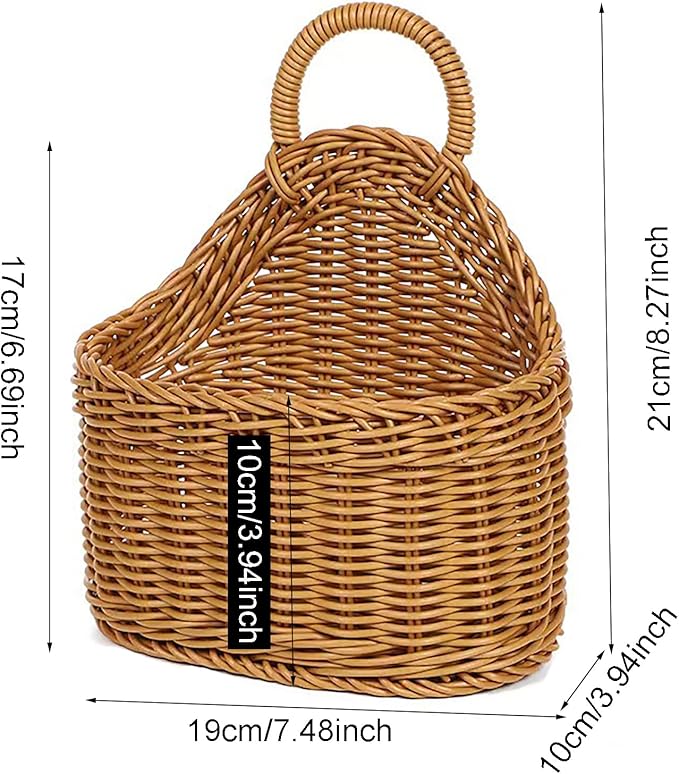 2Pcs Hanging Storage Baskets, Plastic Woven Hanging Basket with Hook, Flower Bin with Handle Kitchen Wall Basket for Ginger Garlic(Brown)