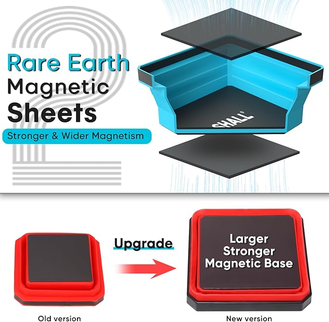 SHALL New Version Collapsible Magnetic Parts Tray Set, 4-Pack Magnetic Tool Trays for Screw Bolts Nuts Washers Pins & Small Metal Parts, 4.5” Square Silicone Foldable Bowls w/Dual-Sided Magnetic Base