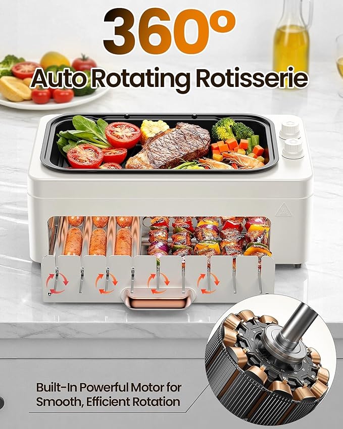 XHJ 4-in-1 Electric Indoor Grill Smokeless for Home,Countertop Electric Grill with Removable Sizzling Grill Pan & Grate + Auto Rotating Kabob Skewers + Electric Hot Dog Roller Dual Zone Cook with Lid