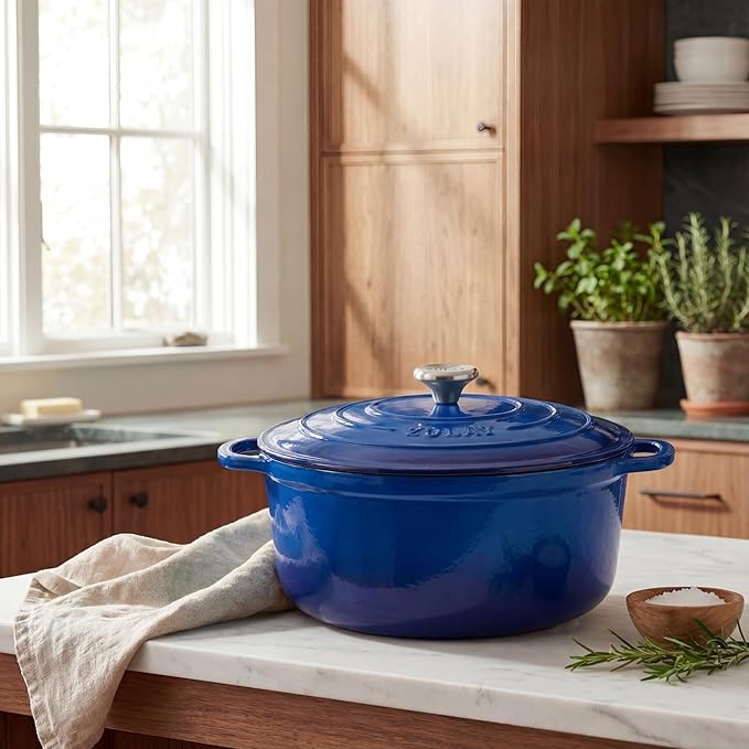 Zulay Kitchen 6 Quart Enameled Cast Iron Dutch Oven Pot with Lid – Premium Durability & Oven Safe up to 500°F – Heavy Duty Cookware Perfect for Bread Baking, Stews, Braising & Roasting - Blue