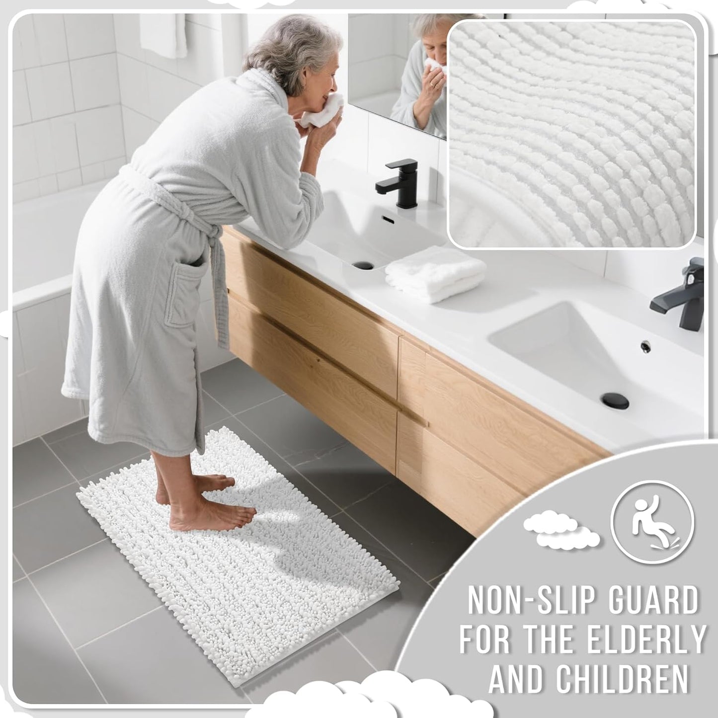 Yimobra Bathroom Rugs Non Slip Washable 32x20 Inch - Ultra Soft Absorbent Chenille Bath Mat, Quick Dry Shaggy Floor Carpet for Tub Shower, White Home Decor Accessories