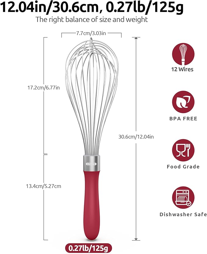 U-Taste 18/8 Stainless Steel Measuring Cups and Spoons (Set of 10, Red), and 18/10 Stainless Steel Balloon Whisk for Kitchen Cooking with 12 Flex Wires (Red)