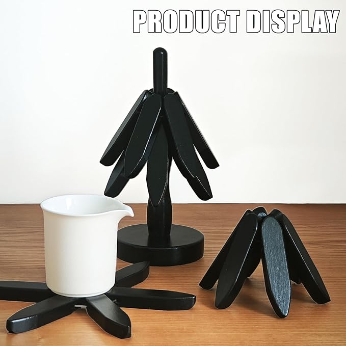 Natural Foldable Black Walnut Wooden Trivet Set - 4 Trivets + 1 Stand for Hot Dishes, Pot, Bowl, Teapot, Hot Pot Holders (Black)