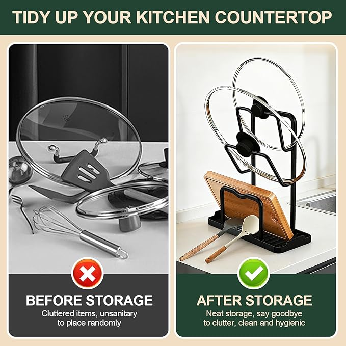 Kitchen Pot Lid Storage Rack: Carbon Steel Double Layer Pot Lid Organizer with Tray, Multifunctional Pot Lid Holder While Cooking, Saving Space Organizer Storage for Kitchen Countertop (Black)