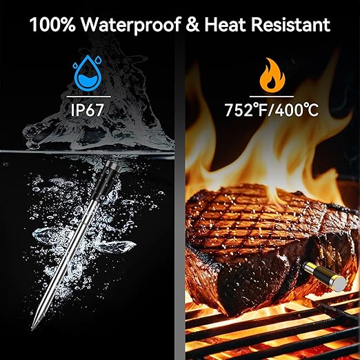 BFOUR Meat Thermometer Digital Wireless with LCD Booster, Bluetooth Food Cooking Thermometer with Smart App, 524FT Remote Range, 100% Waterproof & 752°F Heat Resistant Probe for BBQ Oven Grill Smoker