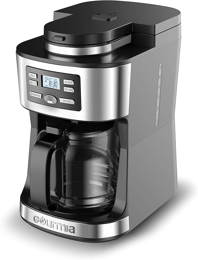 Gourmia Digital Coffee Machine 12Cup FullyAutomatic Large coffee maker integrated CoffeeGrinder,Pot,stainless steel mesh coffee filter 4Hr KeepWarm and Freshness Indicator GCM3180,Black and Silver