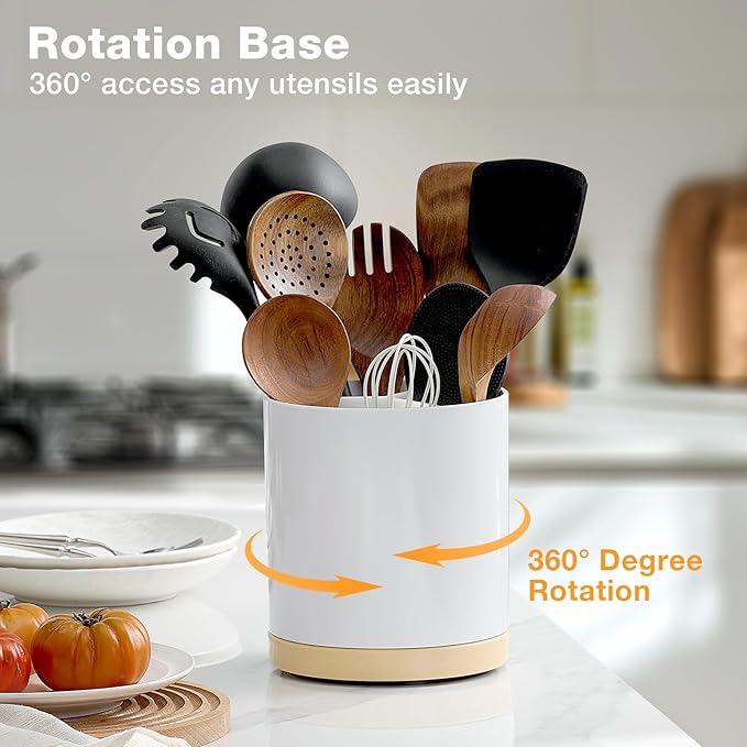 Extra Large Porcelain Like Kitchen Cooking Utensil Holder, 360° Rotating Utensil Crock, 7.2" Unbreakable for Countertop, for Farmhouse Kitchen Decor with Rotatable and Detachable Base