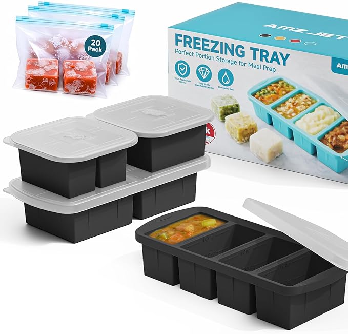 4 Pack Silicone Freezer Trays with Lid - Multi-Size 1-Cup & 2-Cup Portions, Food-Grade Silicone Freezer Molds for Soup & Meal Prep - Large Freezer Storage Containers, Oven & Dishwasher Safe - Black