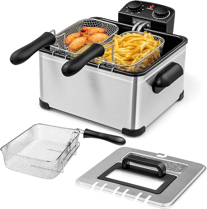 Giantex 1700W Electric Deep Fryer with 3 Baskets, 5.3QT/21-Cup Frier Cookers Home Fryer, Large Oil Container, Lid with View Window, Adjustable Temperature and Timer, Family Kitchen Restaurant Use