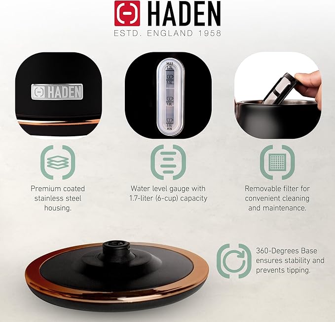Haden Heritage 1.7 Liter Stainless Steel Electric Water Kettle Bundled with 2 Slice Wide Slot Stainless Steel Toaster, Black & Copper
