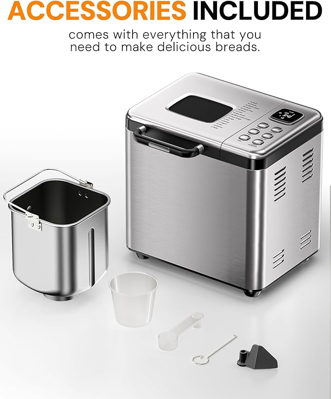OSIPOTO Bread Maker, 2LB Stainless Steel Bread Machine, 17-in-1 Automatic Settings, Non-Stick Pan, Beginner-Friendly Controls, Easy to Clean, Low Noise, High Success Rate for Homemade Bread