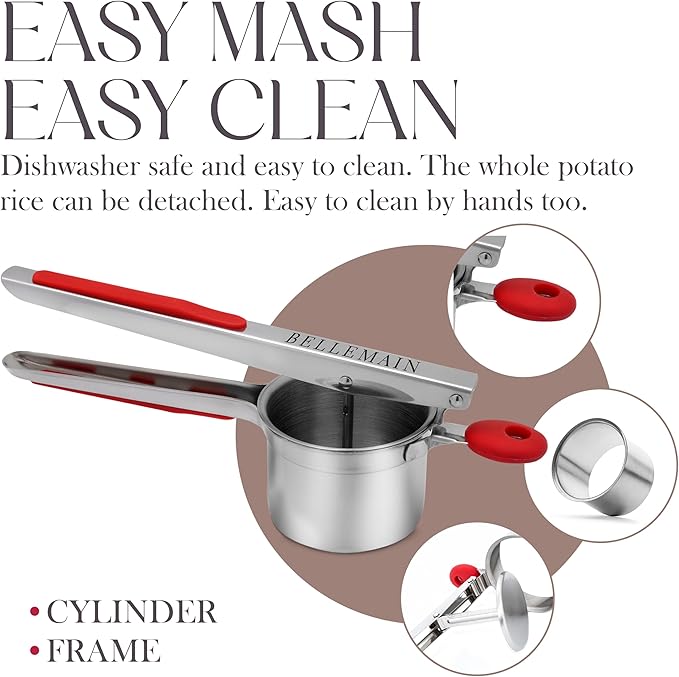 Bellemain 15 oz Large Potato Ricer | Heavy-Duty Stainless Steel Potato Ricer & Masher | Perfect for Mashed Potatoes | Kitchen Tool with Fixed Disc (Red)