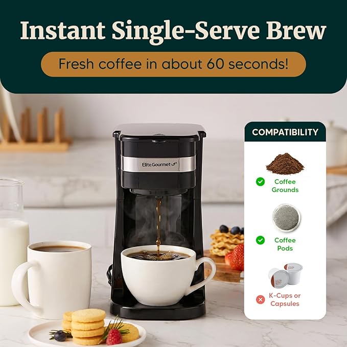 Elite Gourmet EHC113 Personal Single-Serve Compact Coffee Maker Brewer Includes 14Oz. Stainless Steel Interior Thermal Travel Mug, Compatible with Coffee Grounds, Reusable Filter, Black