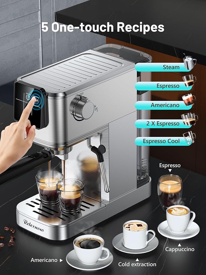 RELEXNOW Espresso Machine, 20 Bar Espresso Maker Milk Frother & LCD Panel, Hot & Iced Coffee Machine, Stainless Steel Espresso Coffee Machine with 41oz Water Tank for Cappuccino, Latte