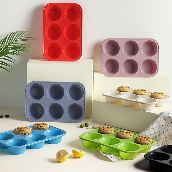 Socisen 2 Pack 6 Cups Jumbo Muffin Pan with Metal Reinforced Frame Silicone Molds Egg Bites Silicone Circle Cookie Molds Extra Large Muffin Tin Jumbo Tart Pans Baking Sheet Set for Sandwiches