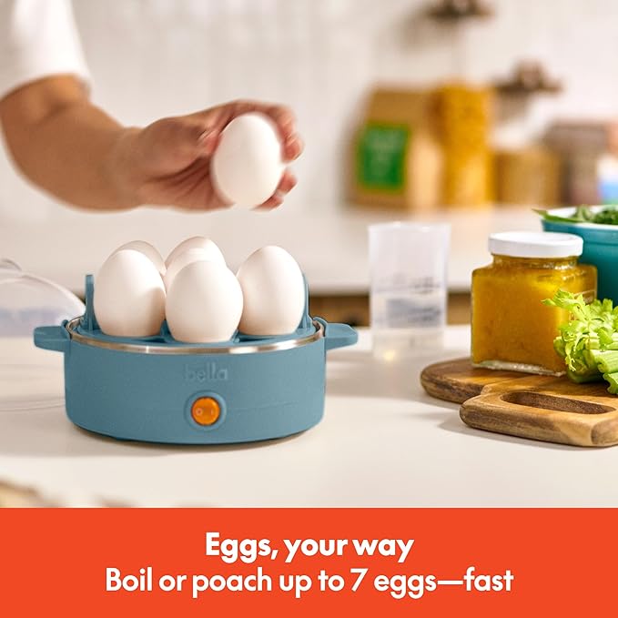 bella Electric Egg Cooker, 7 Eggs Capacity Tray, Single Stack, for Poached, Scrambled, Hard, Medium & Soft Boiled Eggs, Omelets and Steamed Dumplings, Auto Shutoff, 360 Watt, Surf