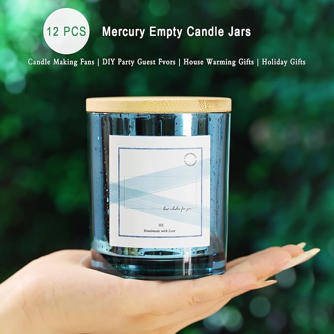 LAMORGIFT 12 Pack Glass Candle Jars with Lids (Lake Blue) - 10 OZ Candle Making Jars - Candle Containers for Making Candles - Mercury Glass Candle Jars Include 12 Pcs Candle Labels.