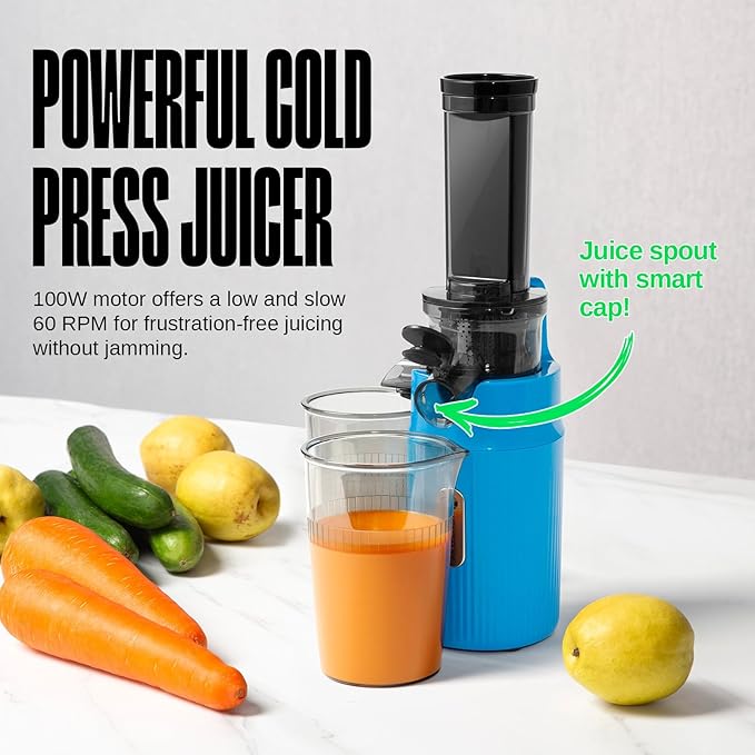 Ventray Ginnie Mini Cold Press Juicer, Small Slow Masticating Juicer for Vegetables and Fruits, High Juice Yield, Easy to Clean, Space-Saving, Fit for Personal/Travel/Picnic/Office - Blue
