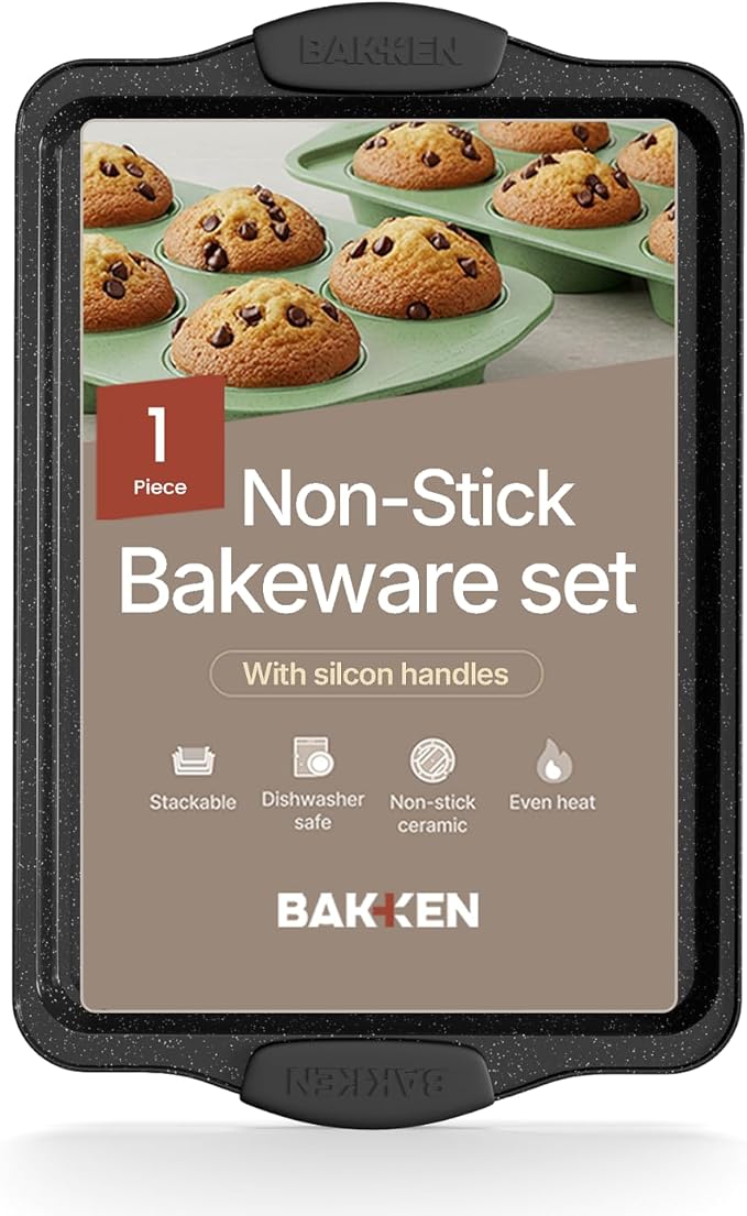 BAKKEN Kitchen Baking Pans - 15.15 x 10.03" Medium Nonstick Sheet, Durable Carbon Steel Cookie Sheet with Gray Silicone Handles, PFOA, PFOS, PTFE Free, Oven Safe Tray (Up To 450°F), Set of 1
