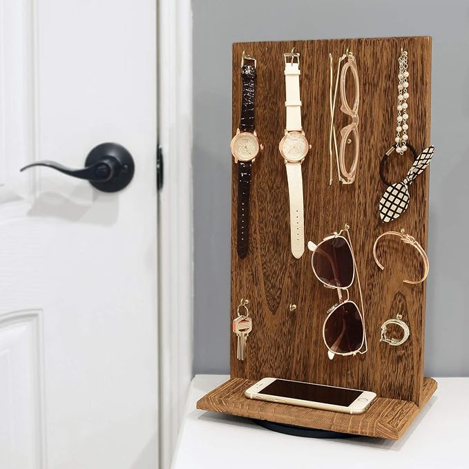 Ikee Design 2 Pcs Wooden Rotating Two-Sided Jewelry Display Stand, Rotating Organizer with 32 Hooks for Store, Keychain Earring Display with Hooks, Brown color, 9 W x 7.5 D x 16.5 H in