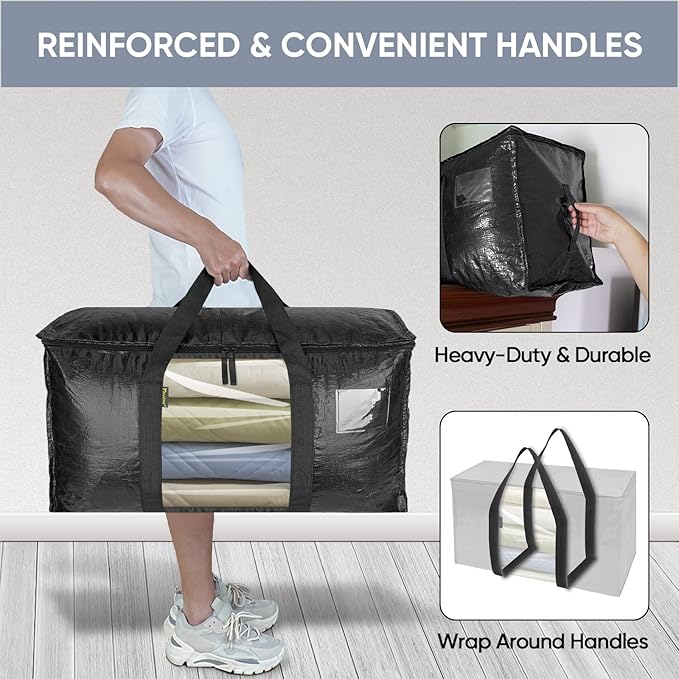 BALEINE 2-Pack Oversized Moving Bags with Reinforced Handles, Heavy-Duty Storage Tote Moving Supplies for Packaging, Camping (Black w/Window, 2-Pack)