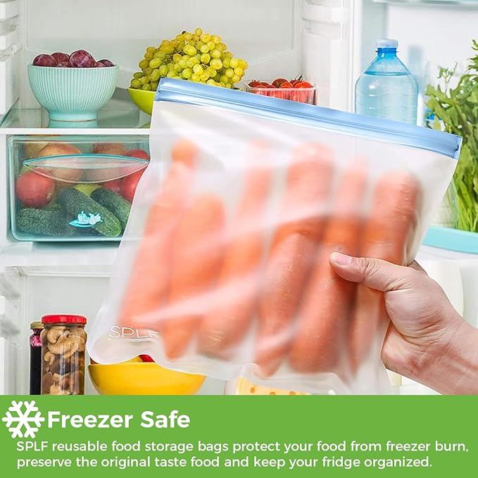 SPLF 9 Pack Reusable Gallon Freezer Bags Dishwasher Safe, BPA Free 1 gallon Leakproof Silicone and Plastic Free Food Storage Bags for Meal Prep, Fruits, Sandwich, Snack, Travel Items - Muticolor