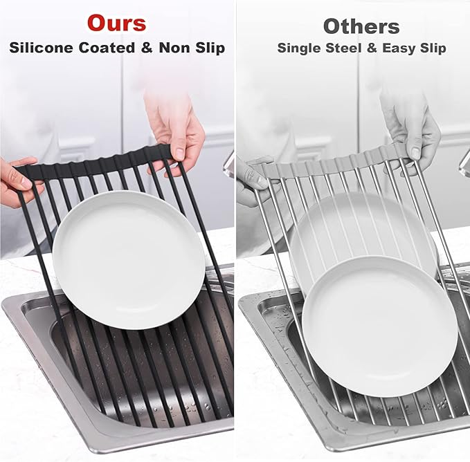 MERRYBOX Roll Up Over The Sink Dish Drying Rack Silicone Wrapped Foldable, Heat-Resistant, Anti-Slip Sink Rack Multipurpose Dish Drainer for Kitchen Sink Counter - Black, 17.5" x 11"