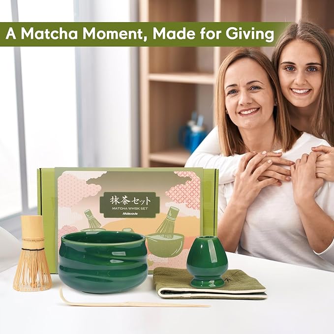 Matcha Whisk Set – Ceramic Matcha Set with Matcha Bowl, Matcha Whisk & Holder, Bamboo Scoop, Tea Towel – 5-Piece Japanese Matcha Kit for Matcha Lovers, Beginners & Gifting (Green, 20oz)