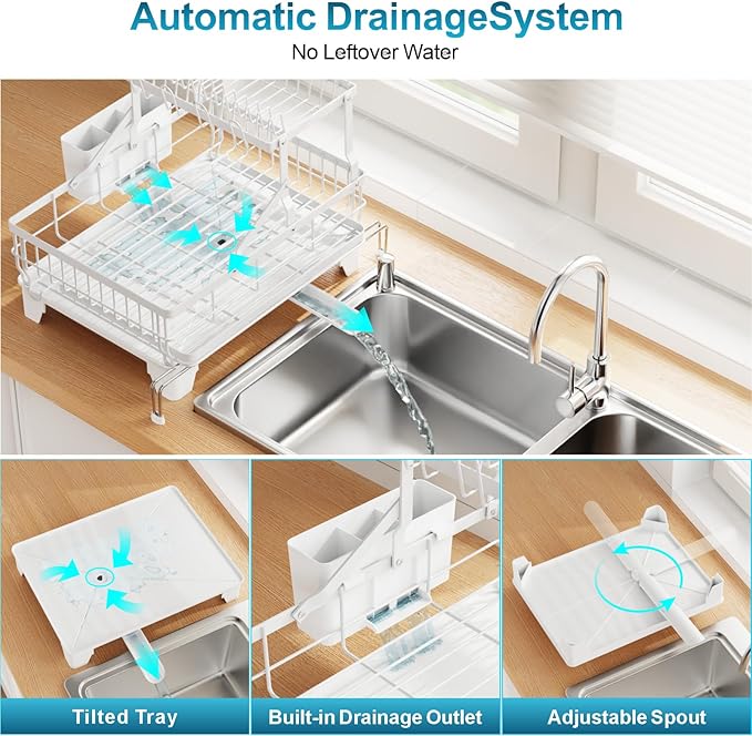 GSlife Large 2 Tier Dish Drying Rack, Expandable Heavy-Duty Dish Rack for Kitchen Counter, Rust-Resistant Dish Drainer with Utensil & Cup Holder, Auto-Drain, 16.9" W x 14.4"-22.4" L, White