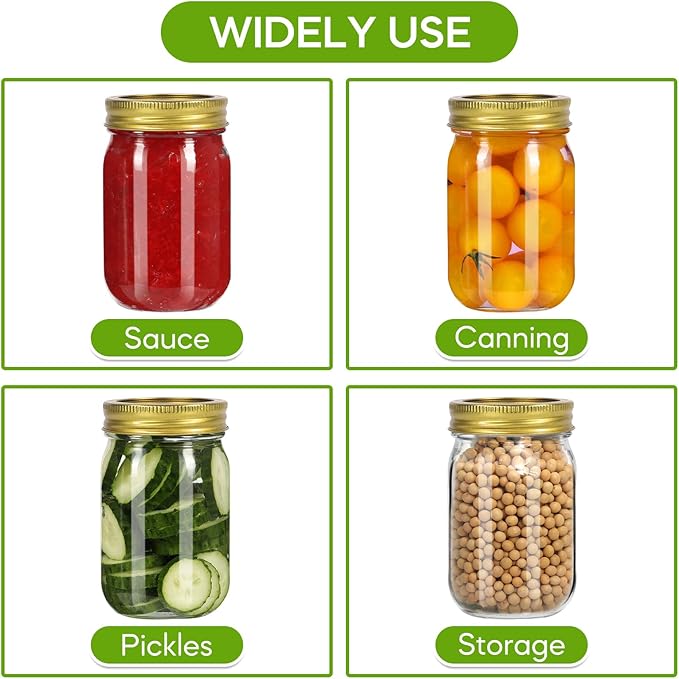 Glass Mason Jars with Gold Lids and Bands 16 oz - 15 Pack Regular Mouth Canning Jars for Food Storage, Pickling, Meal Prep, Overnight Oats, Dry Food & DIY Crafts - Includes 24 Stickers & Brush