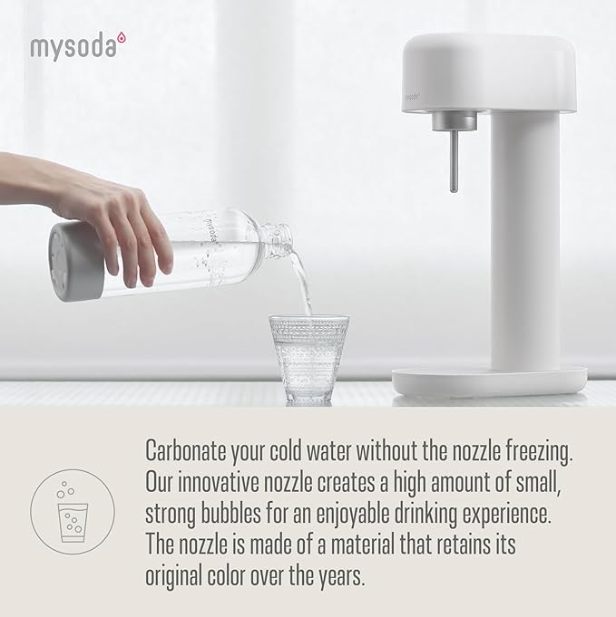 Mysoda Ruby 2 Carbonated Water Machine - Silent and Long-Lasting Aluminium Soda Maker with 1L Water Bottle - Without CO2 Cylinder - White