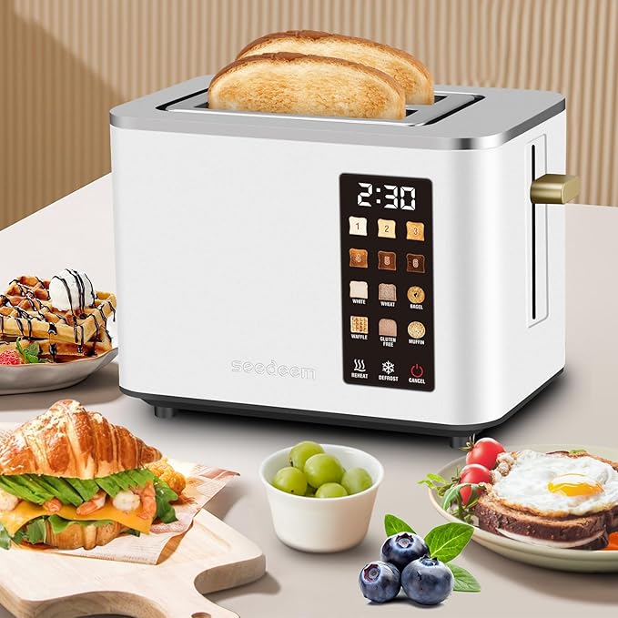 SEEDEEM Toaster 2 Slice, Touch Control Screen, Smart Stainless Toaster, 6 Shade Setting, 6 Bread Selection, Countdown, Removable Crumb Tray, 900W, Pearl White