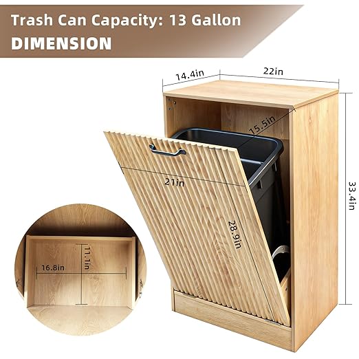 Moderock 13 Gallon Wooden Tilt Out Trash Cabinet Hidden Trash Can, Fluted Hidden Trash Can Cabinet, Farmhouse Wood Laundry Basket Cabinets for Bathroom, Kitchen, Natural Oak