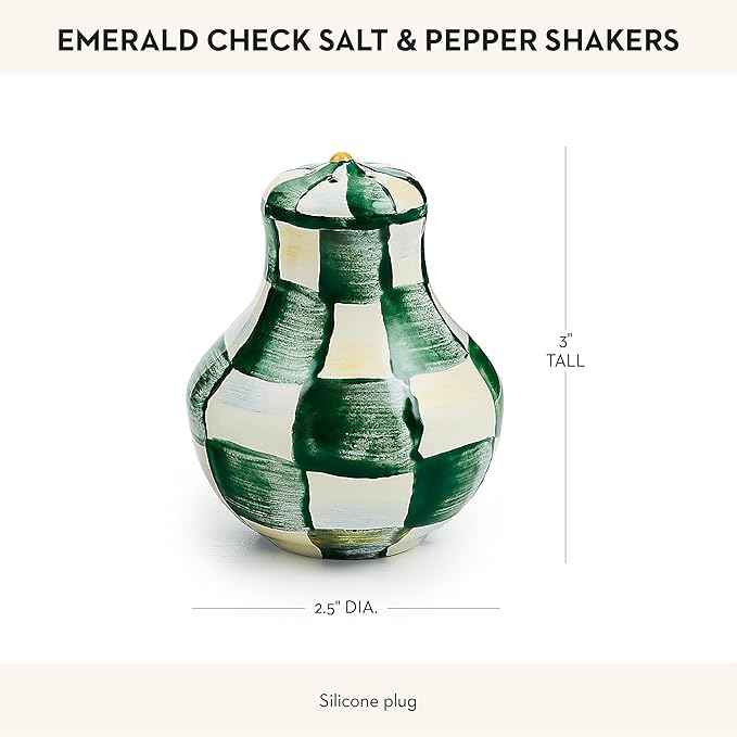MACKENZIE-CHILDS Enamel Salt and Pepper Shakers, Kitchen Table Spice Shaker Set, Green-and-White Emerald Check, Small