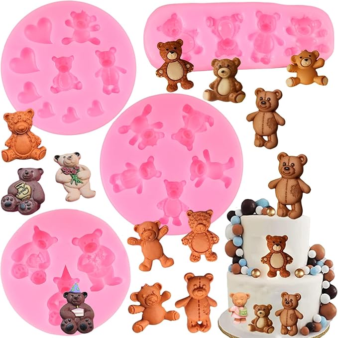 Bear Silicone Mold Valentine’s Day Fondant Molds Cute Bear Chocolate Fondant Mold for Chocolate Candy Gum Paste Cupcake Topper Polymer Clay Cake Decorating Set of 4