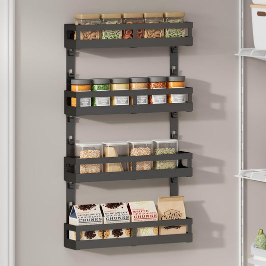 4-Tier Small Wall Mounted Spice Rack Organizer, Hanging Spice Shelf for Cabinet or Pantry, Height-Adjustable Seasoning Holder for Kitchen Storage, Black