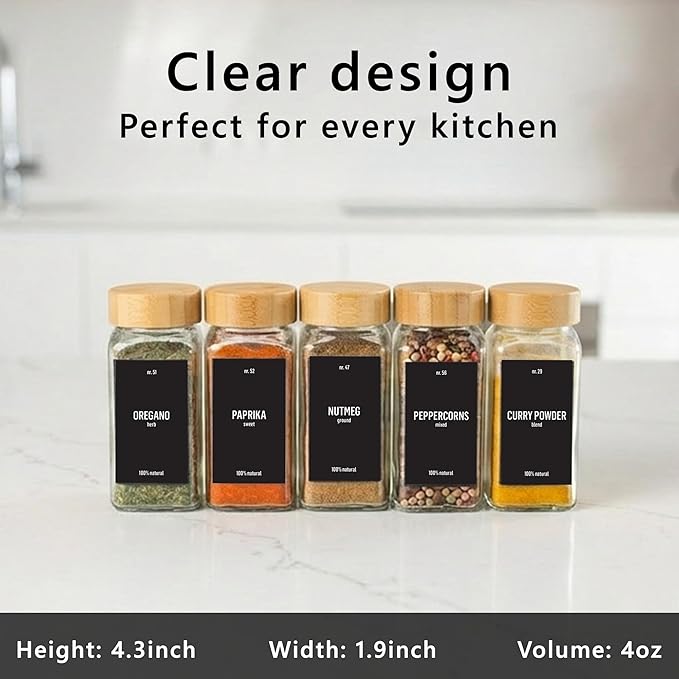 Deco haus Glass Spice Jars with Bamboo lids 36set [LABELS incl] Spice Containers with Labels, Funnel & Chalk Marker - Empty Herb Seasoning Containers, Small Seasoning Bottles for Herb with Wooden Lid
