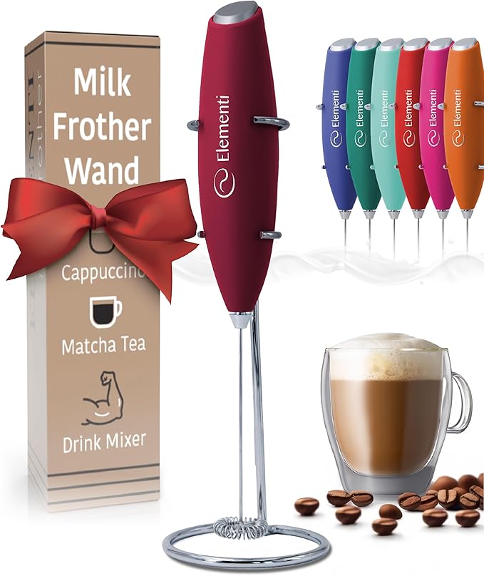 Elementi Milk Frother Wand & Drink Mixer with Stand - Turbo Milk & Coffee Frother Handheld - Hand Held Coffee Mixer Wand & Cold Foam Maker for Frothy Cappuccinos, Lattes & Drink Mixes (Burgundy)