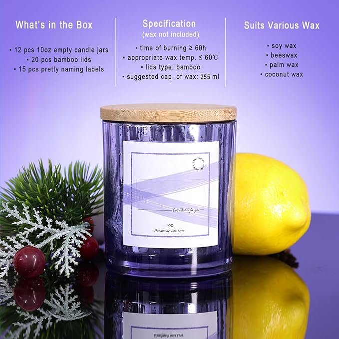 LAMORGIFT 12 Pack Glass Jars with Lids (10oz, Purple) - Making Containers for Candles - Mercury Glass Jars Include 15 Pcs Labels