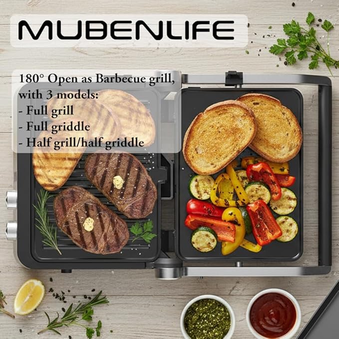 Panini Press,4 Slices Contact Grill with Removable Non-Stick Coated Grill and Flat Plates,Panini Makers with Temperature Control and Timer,Open 180 Degrees,Grill and Griddle (Silver with digital)