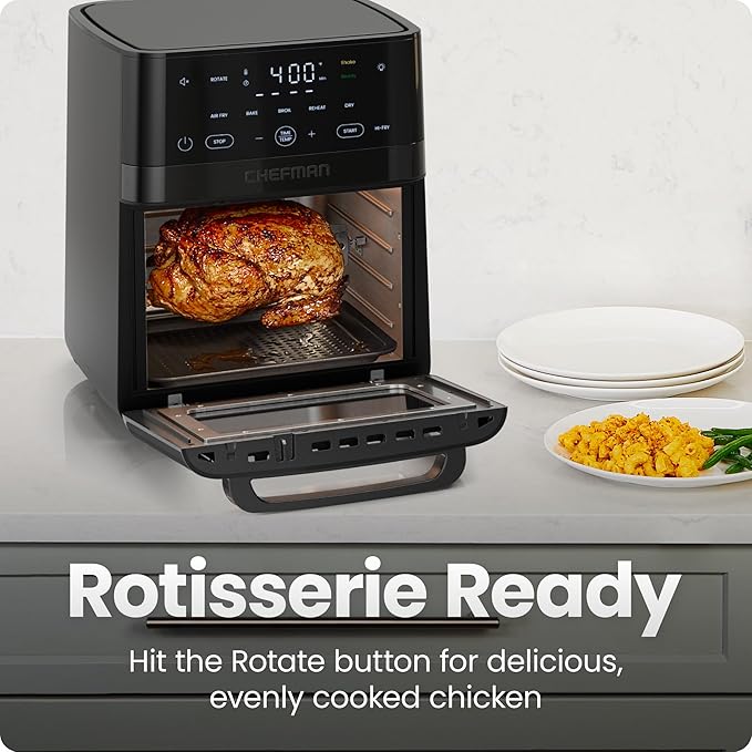 Chefman Air Fryer 6-in-1, XL 14-Quart Multifunctional Airfryer with Touchscreen Controls, Rotisserie, Food Dehydrator, Convection Oven, Bake, Broil, and Reheat Functions, Windowed Door – Black